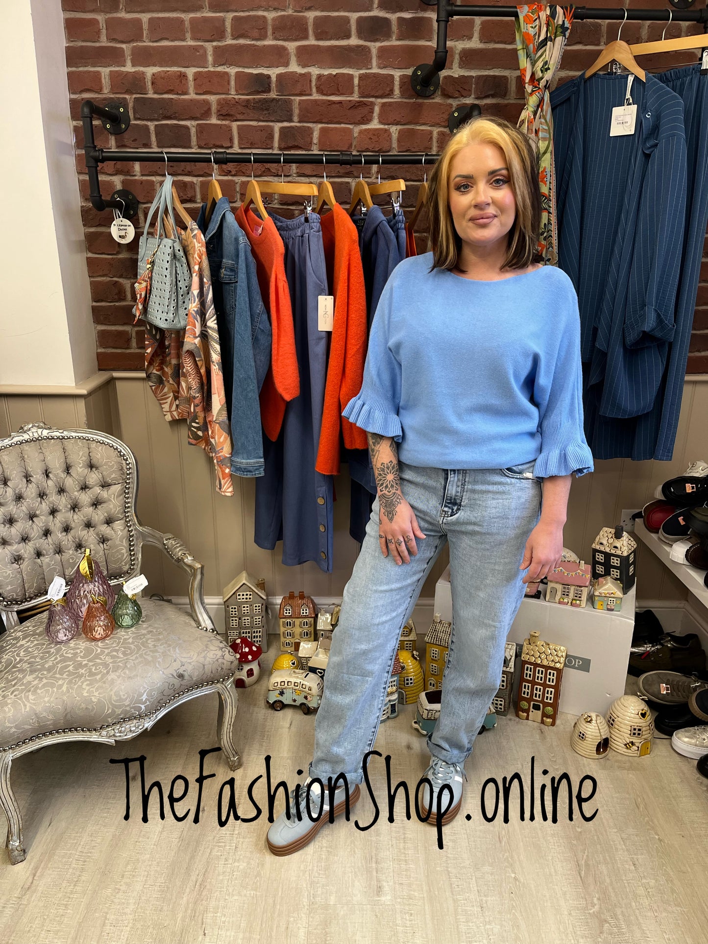 Tess blue jumper with frill sleeve 8-14