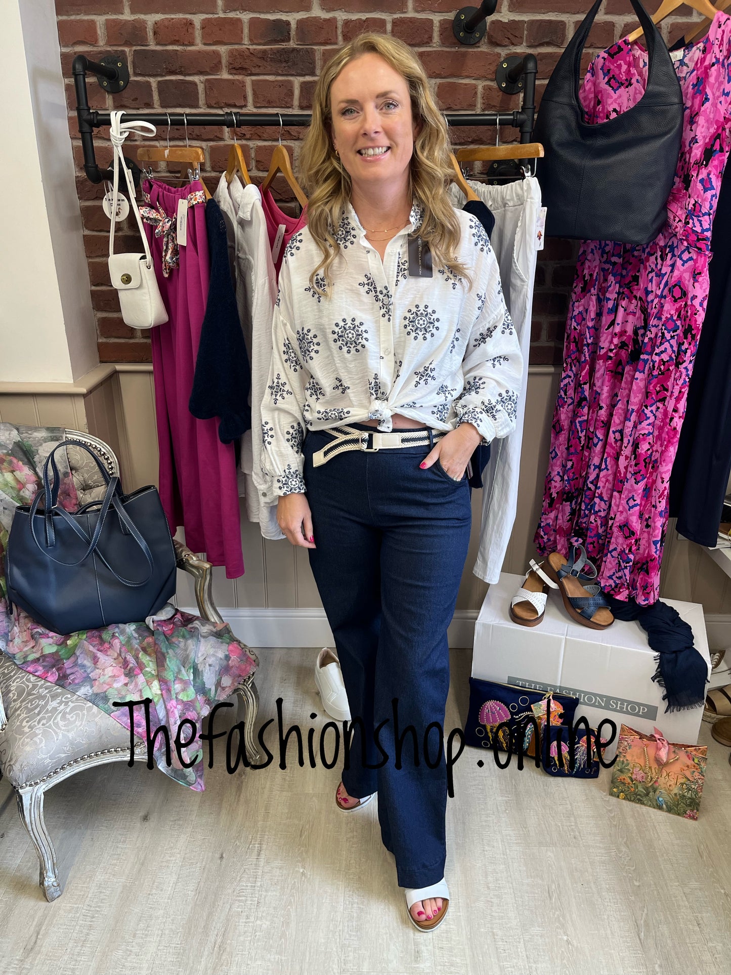 Paige white with navy tie front shirt 10-16