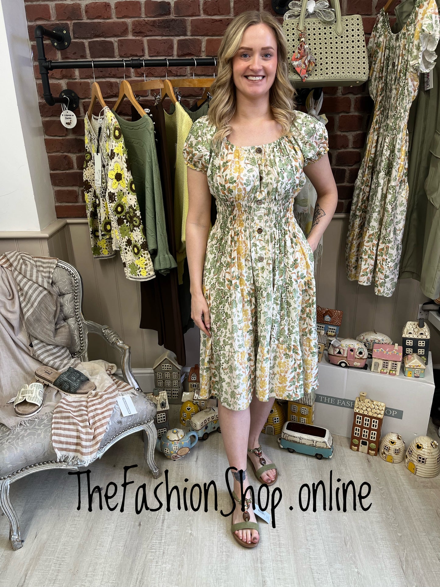 Avril yellow and green floral gypsy midi dress 8-16