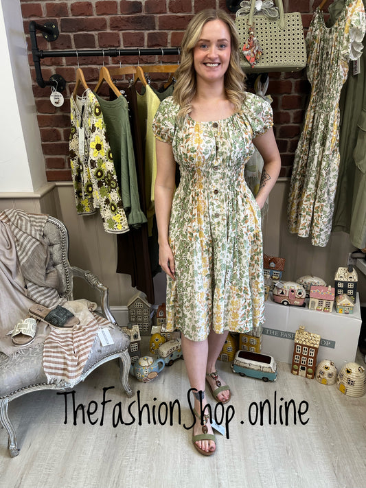 Avril yellow and green floral gypsy midi dress 8-16