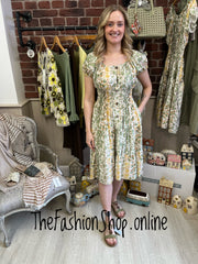 Avril yellow and green floral gypsy midi dress 8-16