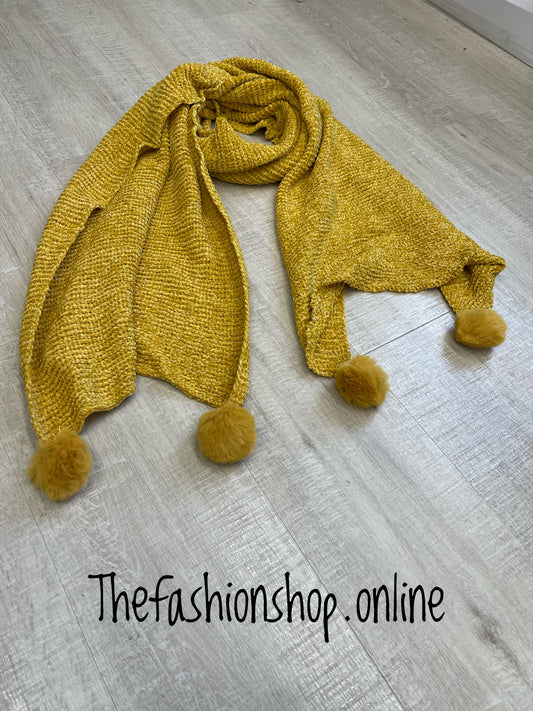 Mustard velour pompom scarf