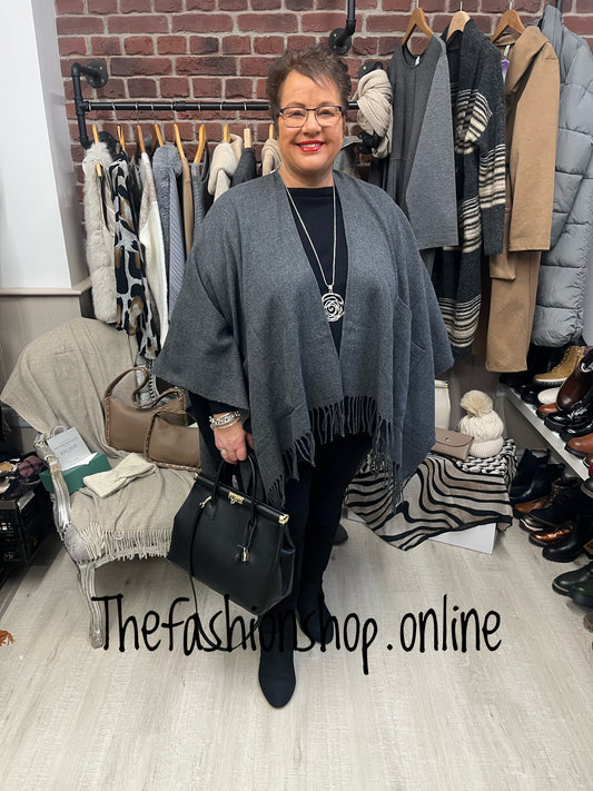Charcoal grey knitted fringe cape- free size