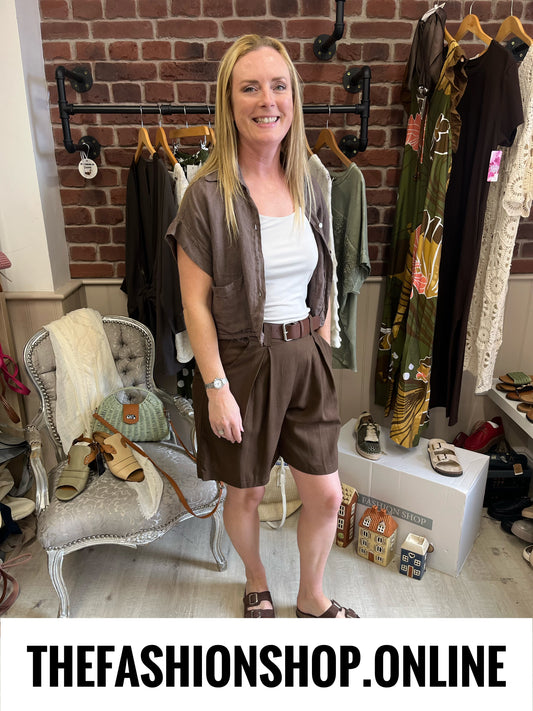 Carla brown linen mix shorts with belt  8-14