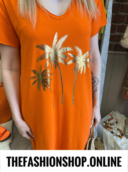 Eden orange palm tree dress 10-18
