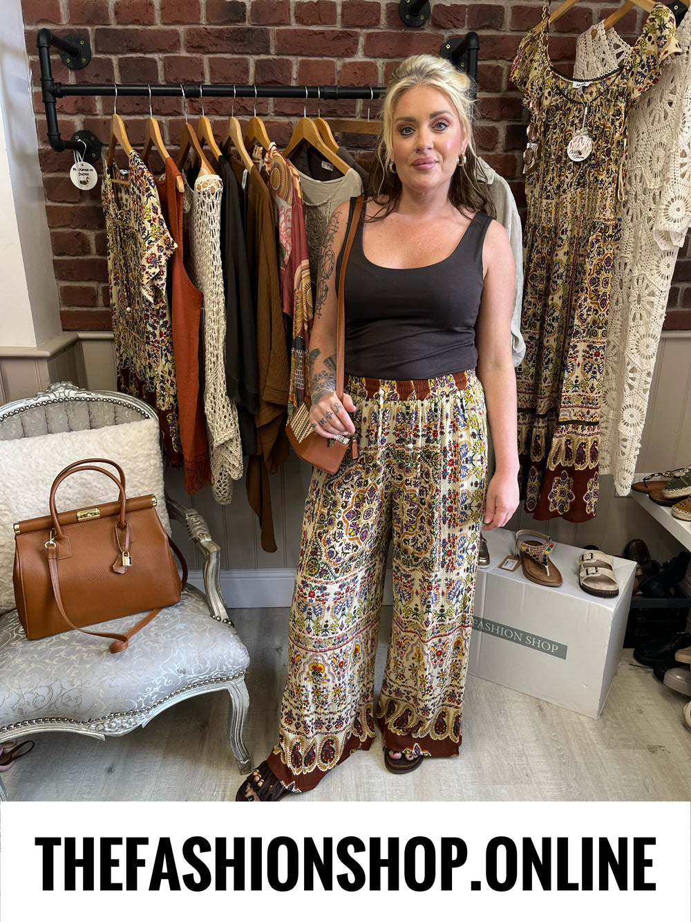Celia brown paisley printed trousers sizes 10, 12, 14 and 16
