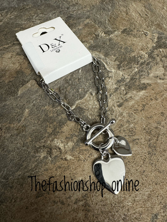 D&X Silver plated sweetheart T-bar multi-row heart bracelet