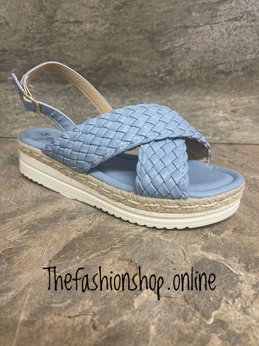 Light blue criss cross woven sandals sizes 3.5-7