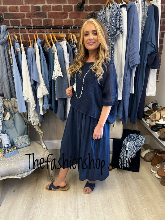 Leah navy dress with mesh overlay 8-18