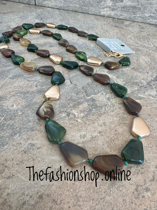 Tasmin Green Camel, Browns and Gold Pebble Necklace