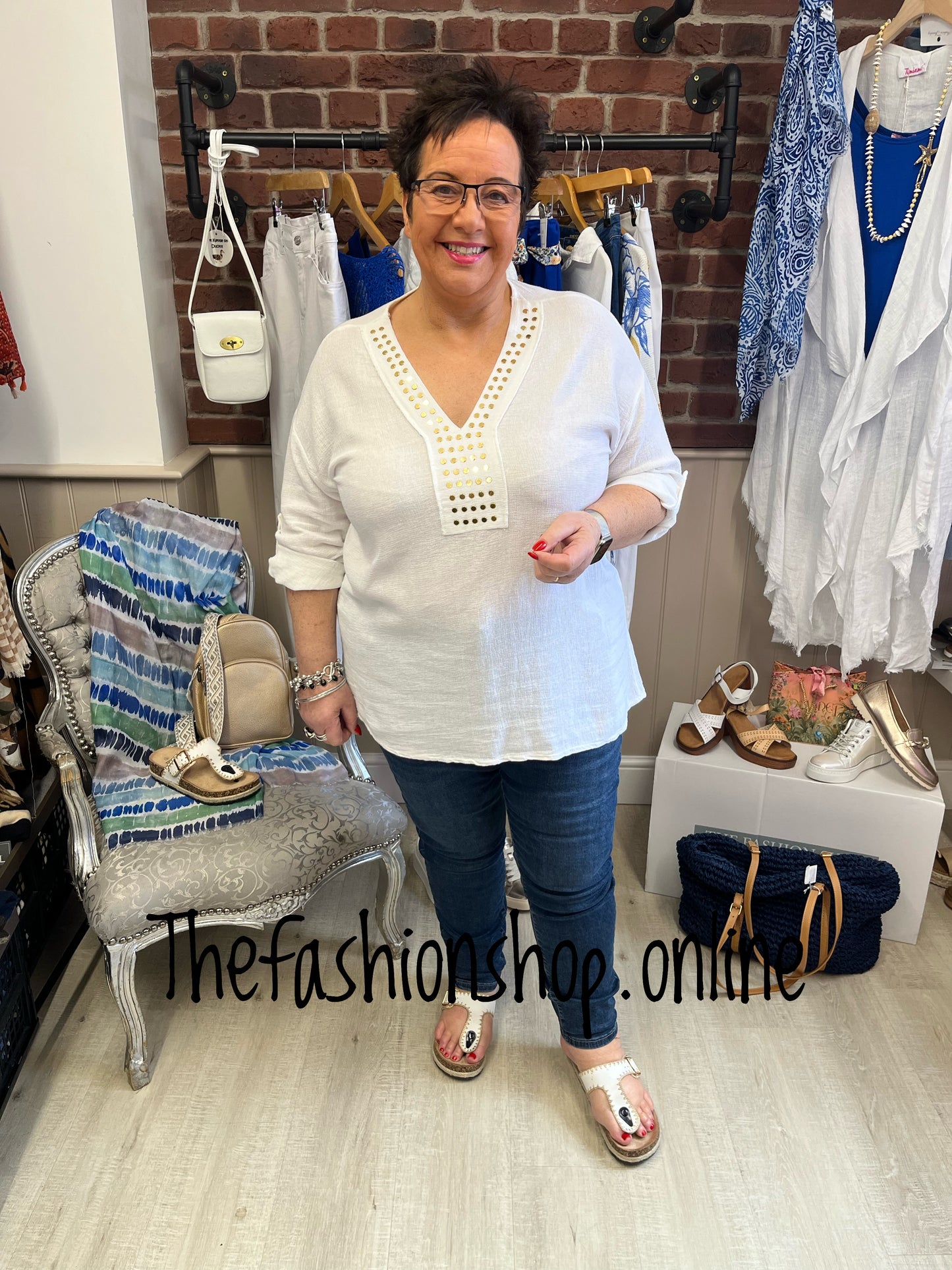 Zoe white linen mix studded top 12-20
