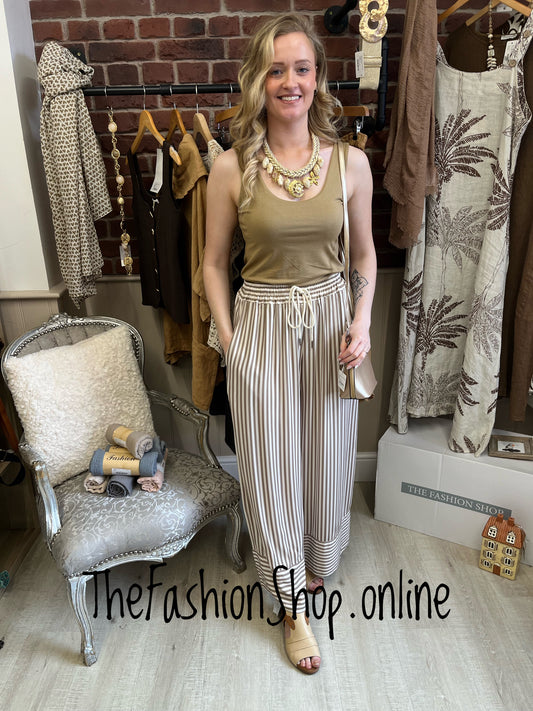 Hallie mocha and cream striped wide leg trousers 8-14