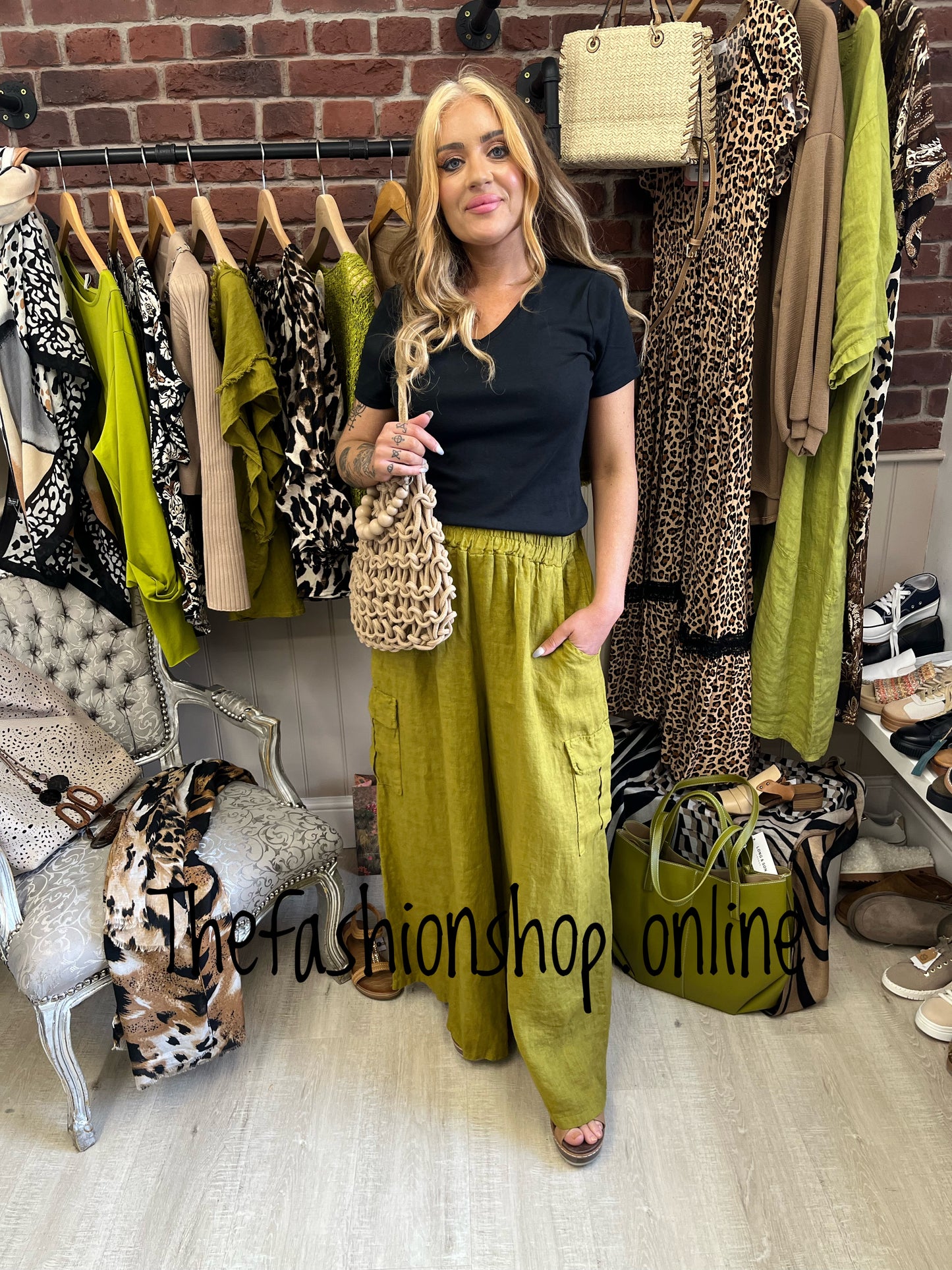 Olive linen wide leg combat trousers 10-16