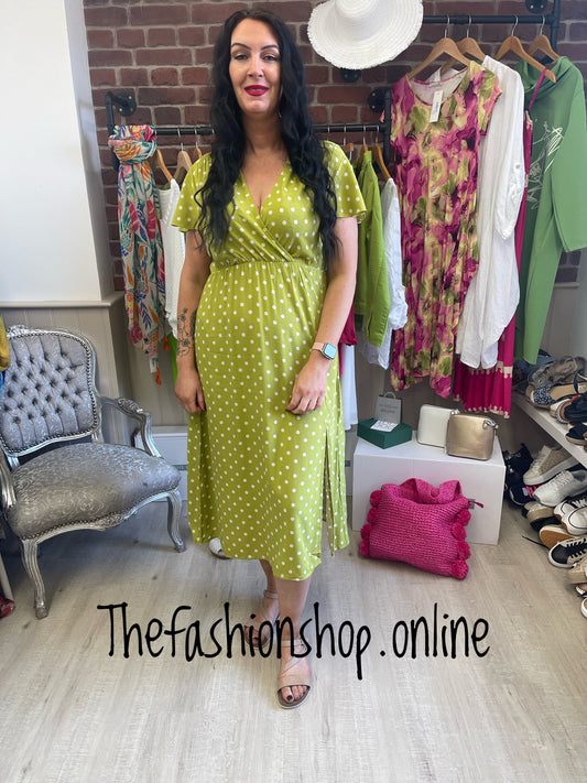 Lime spot dress with side split sizes 10-16