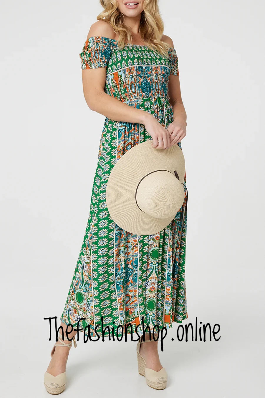 Stella Morgan green printed bardot dress sizes 8,10,12,14,16