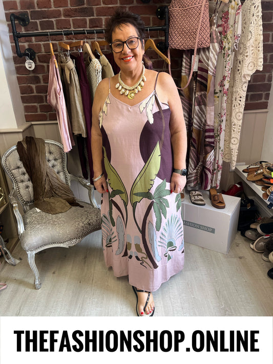 Fly Out Scenic Palm Tree Strappy Linen Mix Dress in Pink 12-18