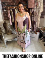 Fly Out Scenic Palm Tree Strappy Linen Mix Dress in Pink 12-18