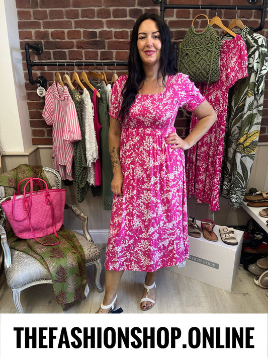Lexi hot pink printed summer dress sizes 10-18