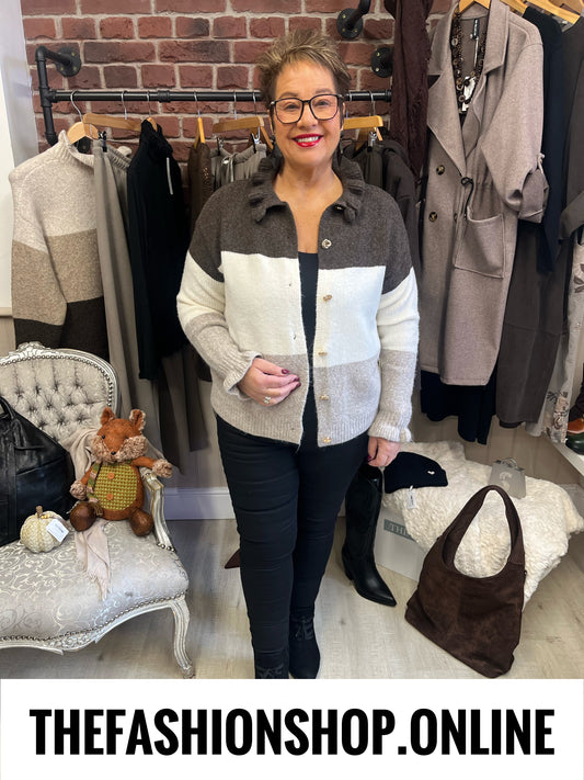 Shannon brown, beige and mocha wool mix cardigan 10-18