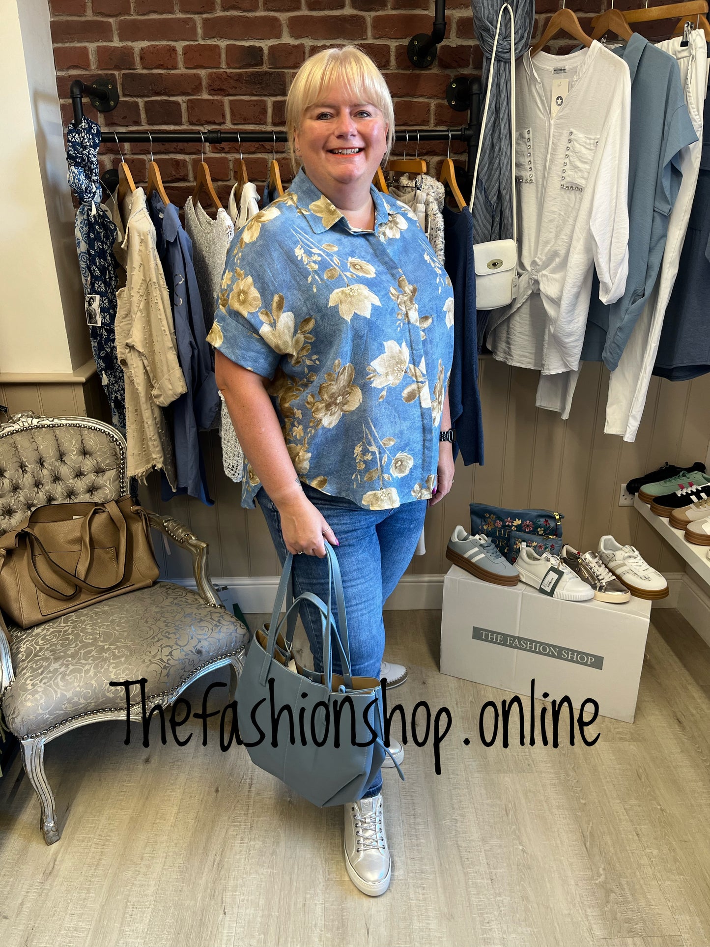 Hallie blue linen mix floral shirt 12-18