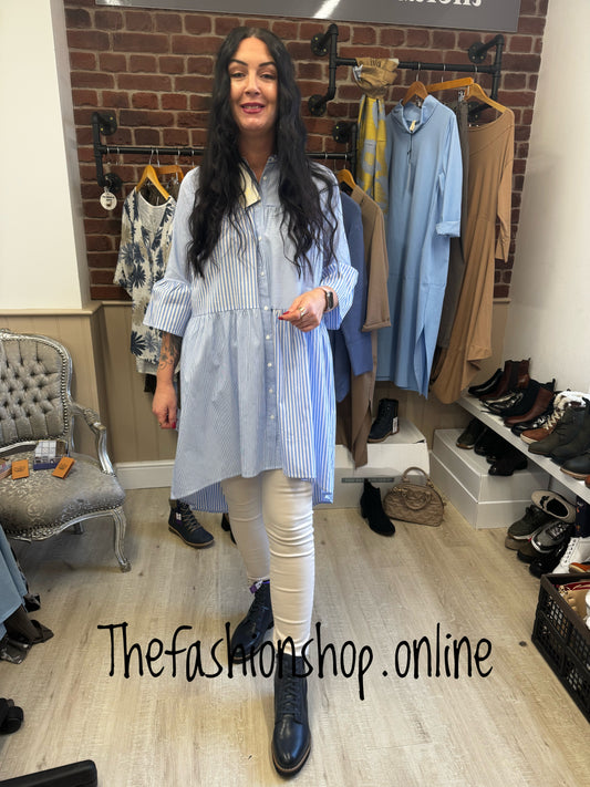 Blue and white striped high low shirt dress 8-14