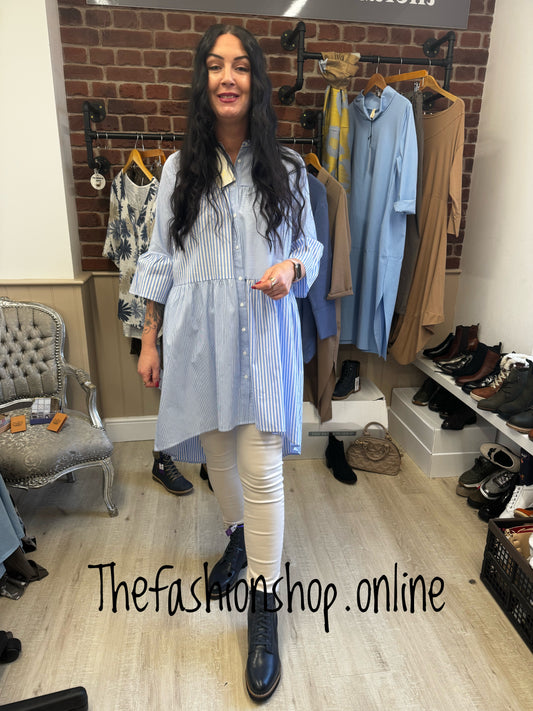 Blue and white striped high low shirt dress 8-14