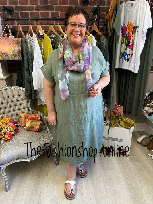 Louisa khaki linen dress 14-20