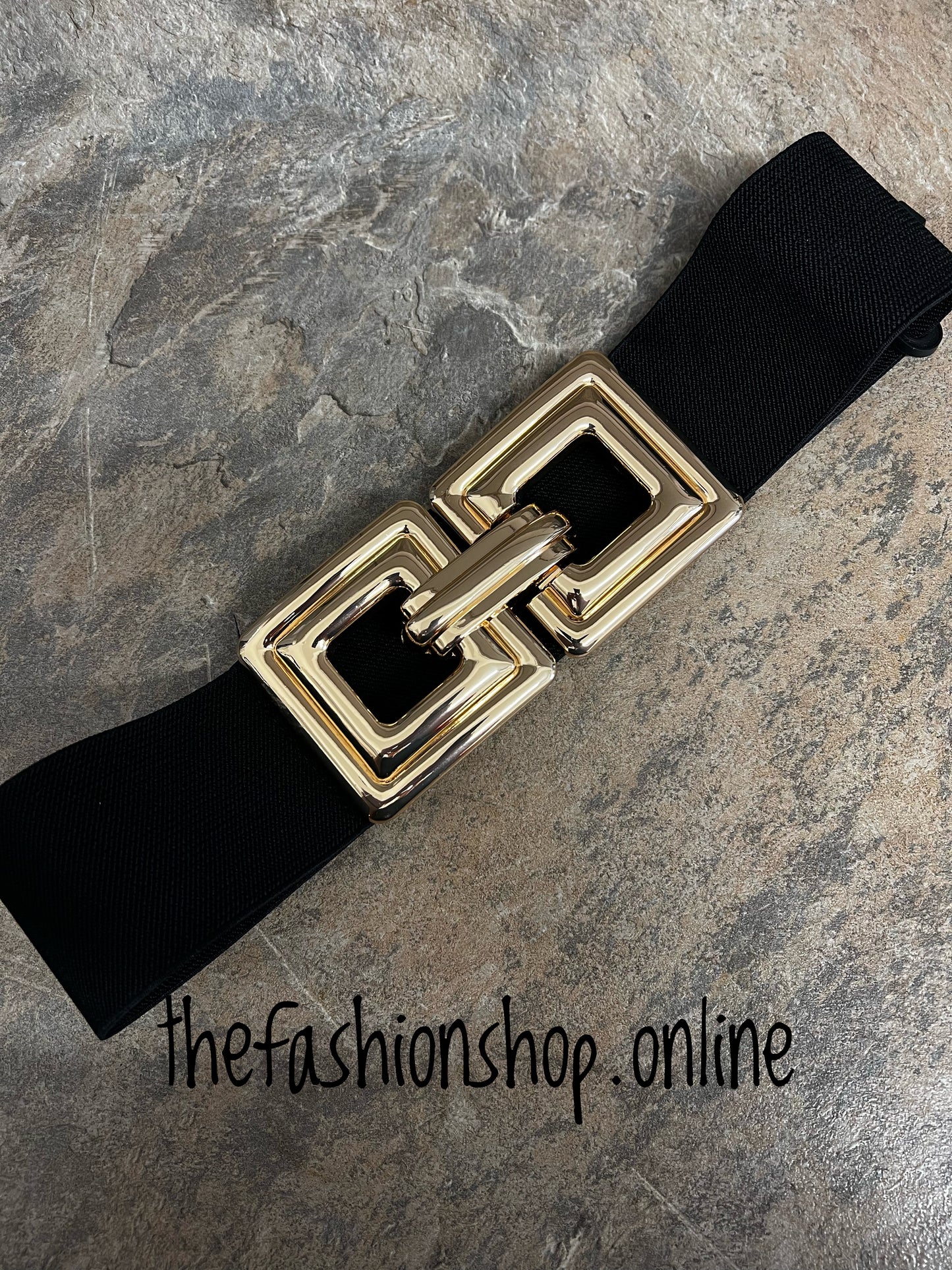 Black and gold square link elasticated belt