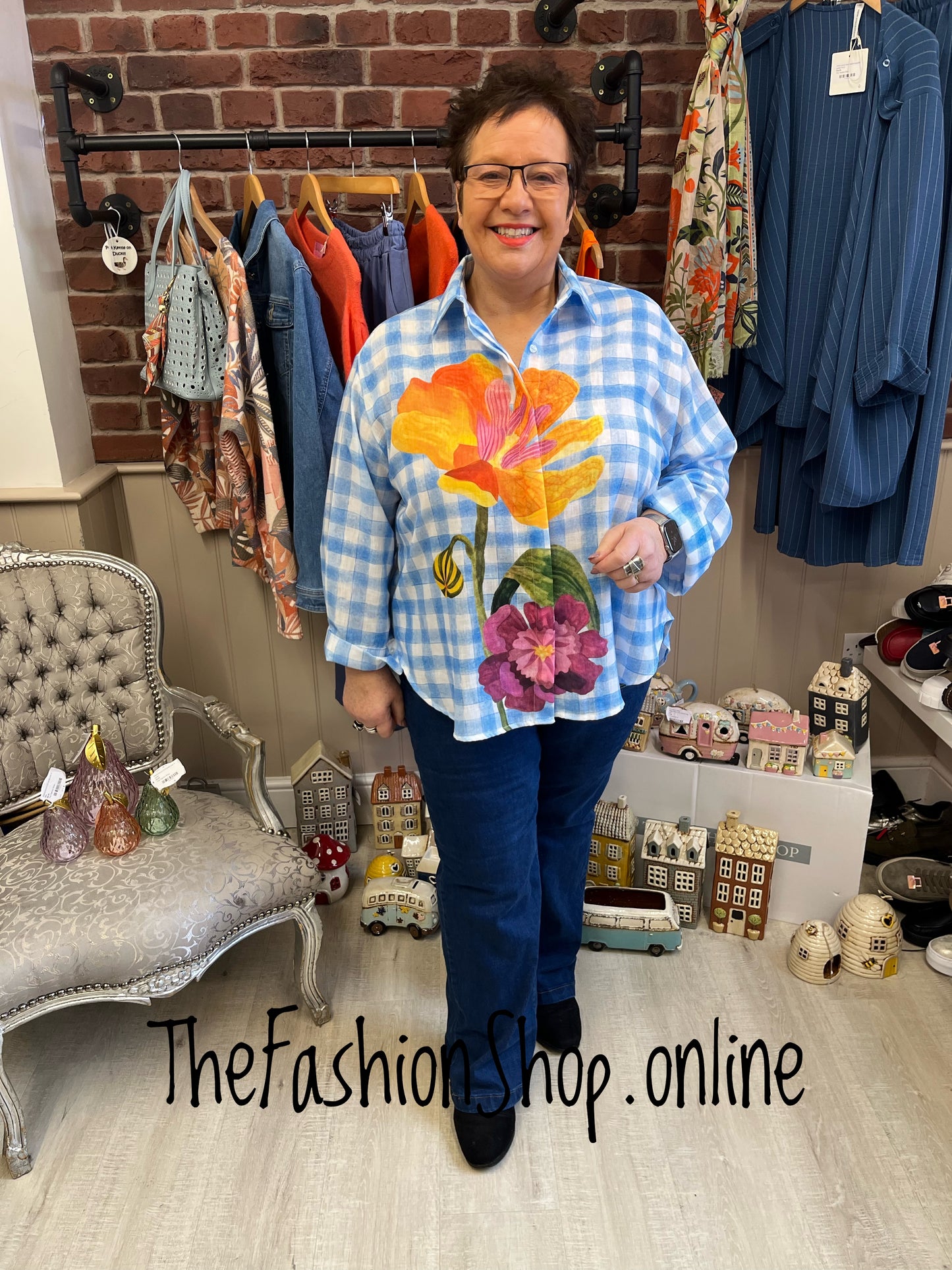 Thea blue checked bold flowers shirt 12-22