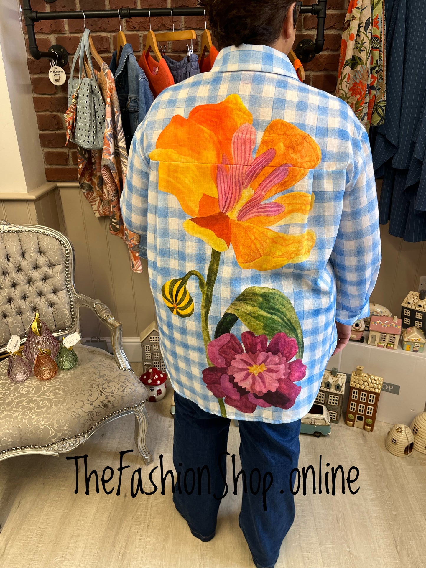 Thea blue checked bold flowers shirt 12-22
