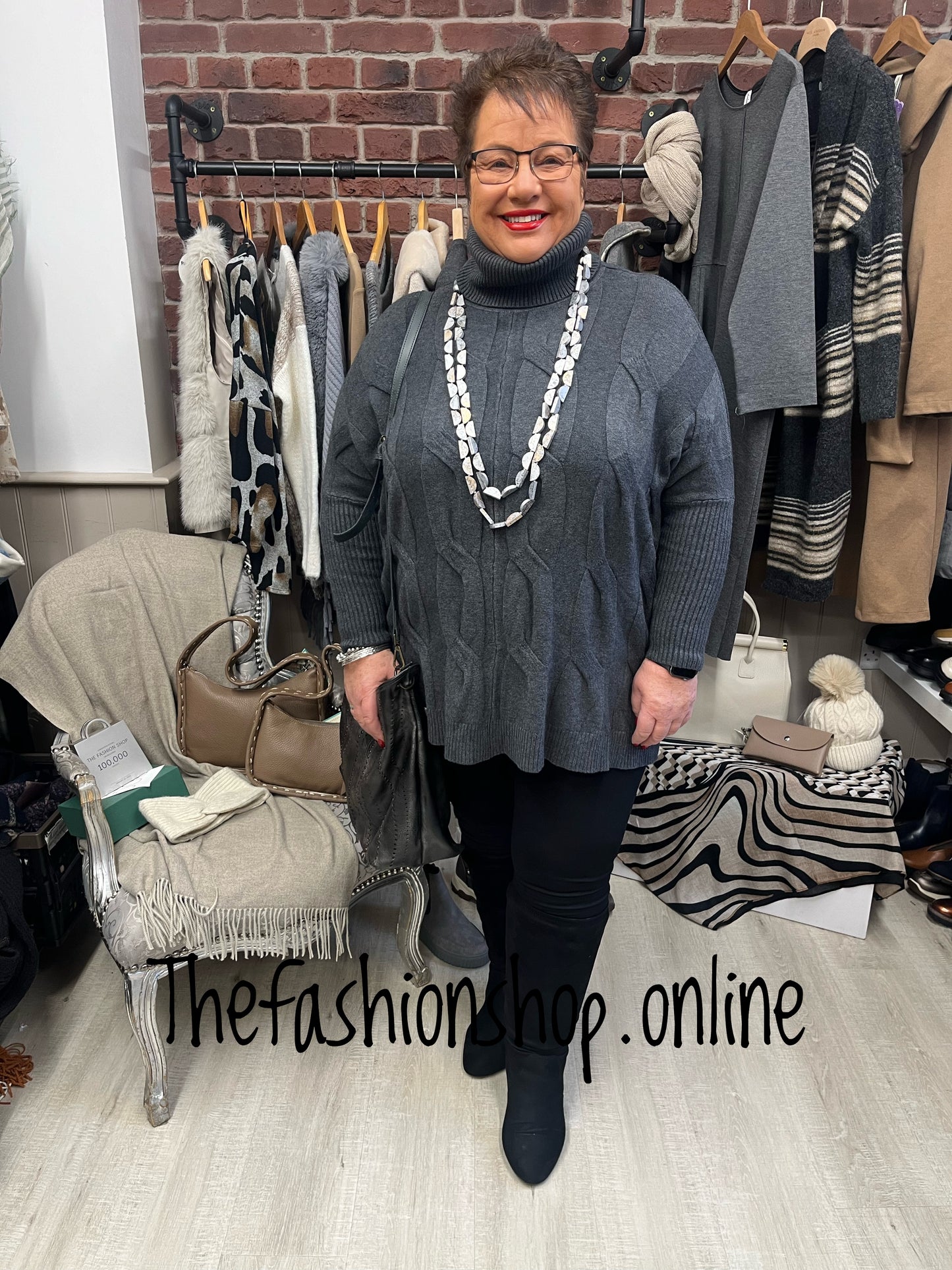 Amelia Charcoal cable knit polo jumper 12-22