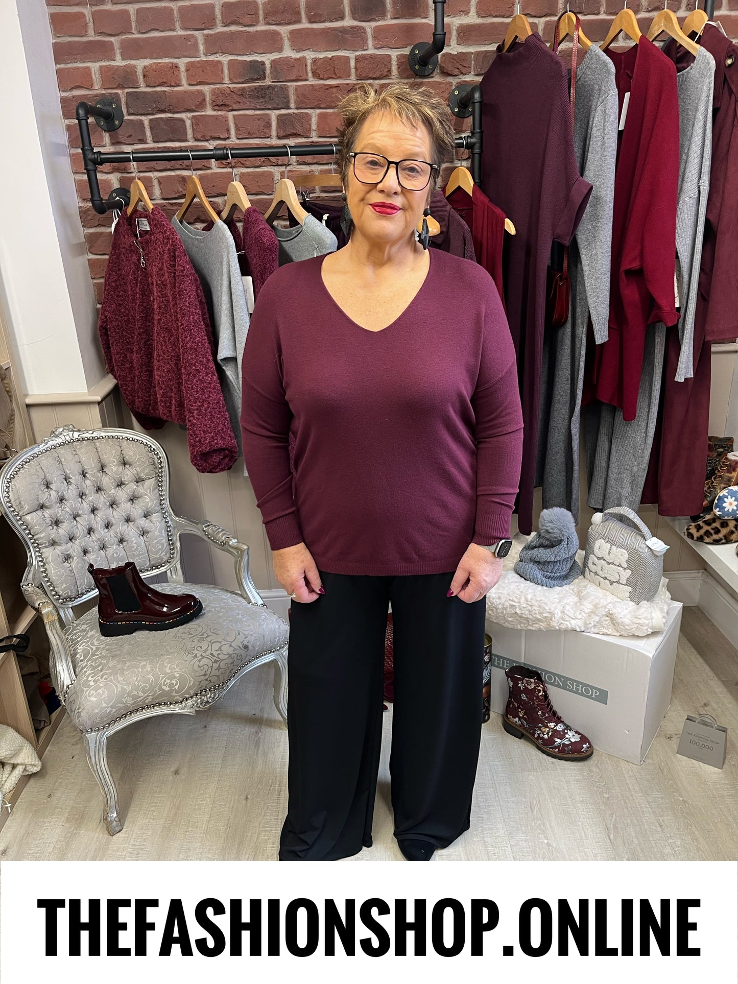 Harlow damson V neck fine knit jumper 14-20
