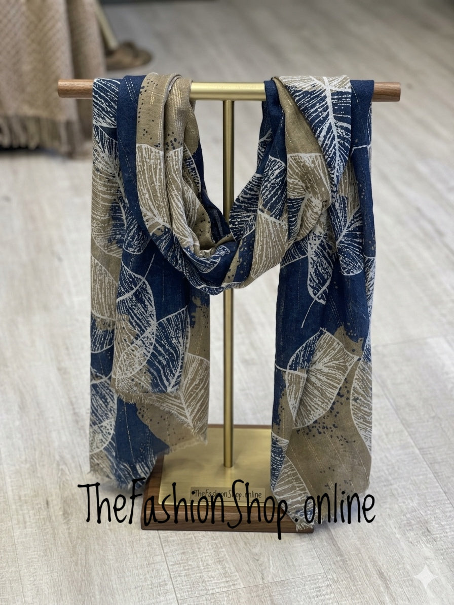 Navy and camel leaves lightweight scarf