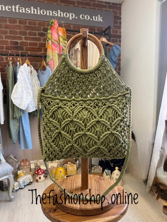 Lottie khaki macrame bag with wooden handles