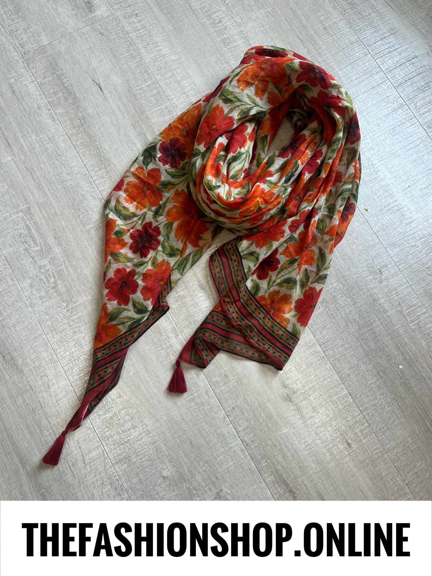 Red and orange botanical flowers tassel scarf