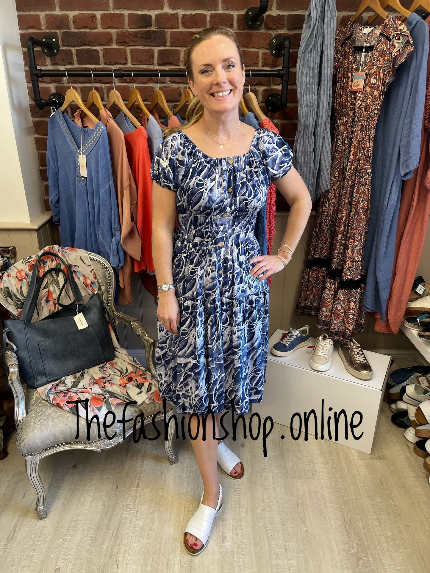 Avril navy patterned gypsy midi dress 8-16