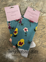 Miss Sparrow Teal Botany Study Bamboo socks 3-7