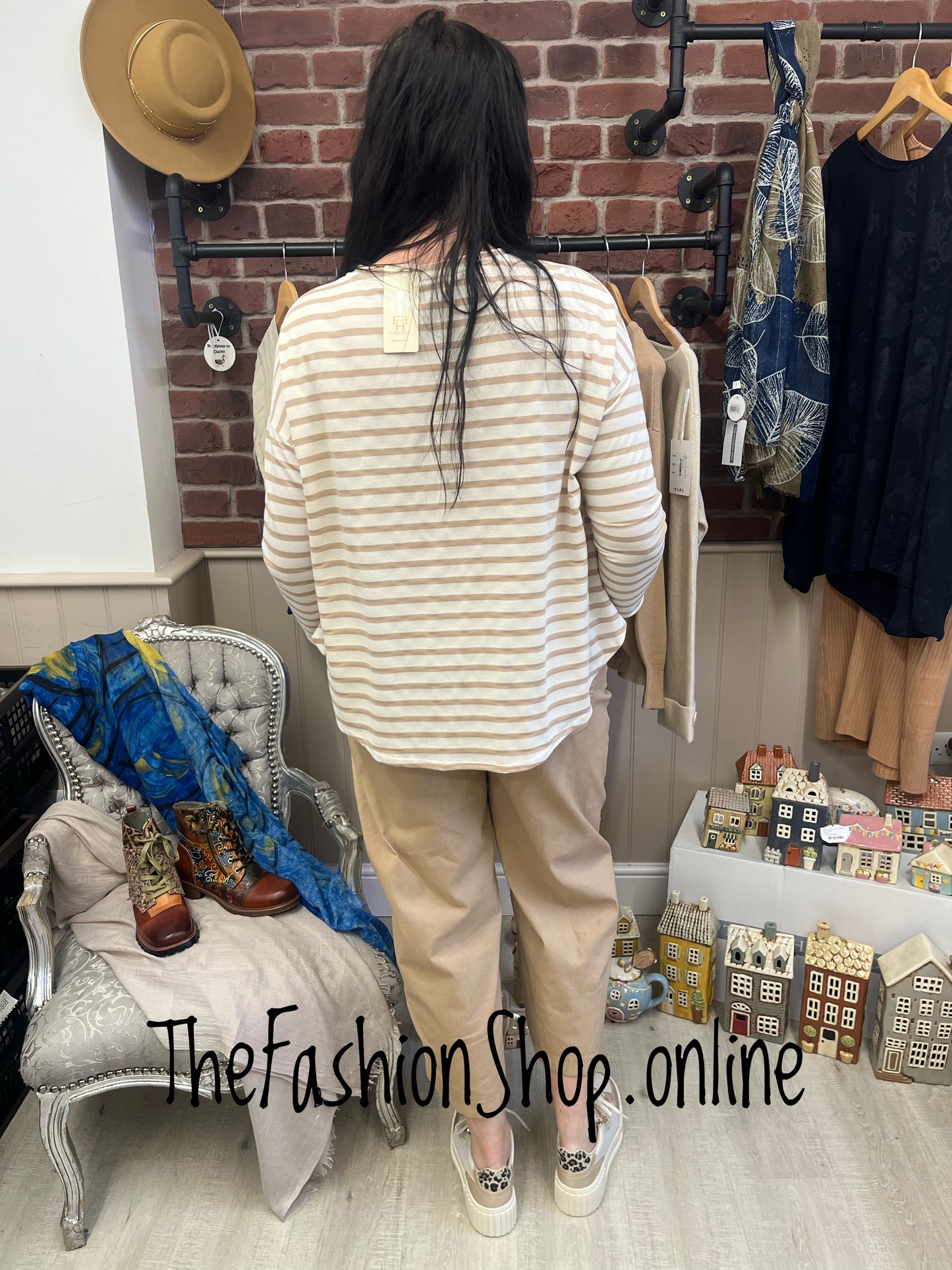 Yvette camel and beige striped top 10-16