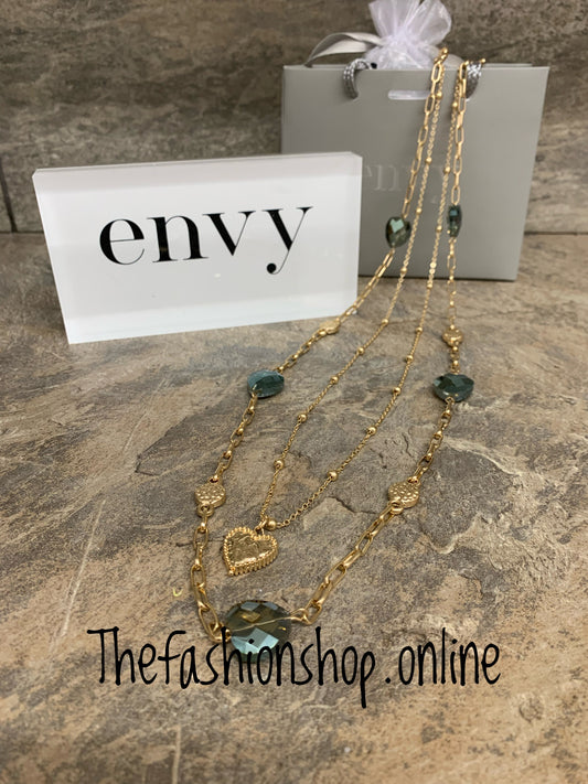 Envy gold layered necklace with green glass hearts