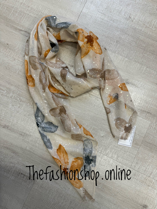 Neutral floral scarf with gold flecks
