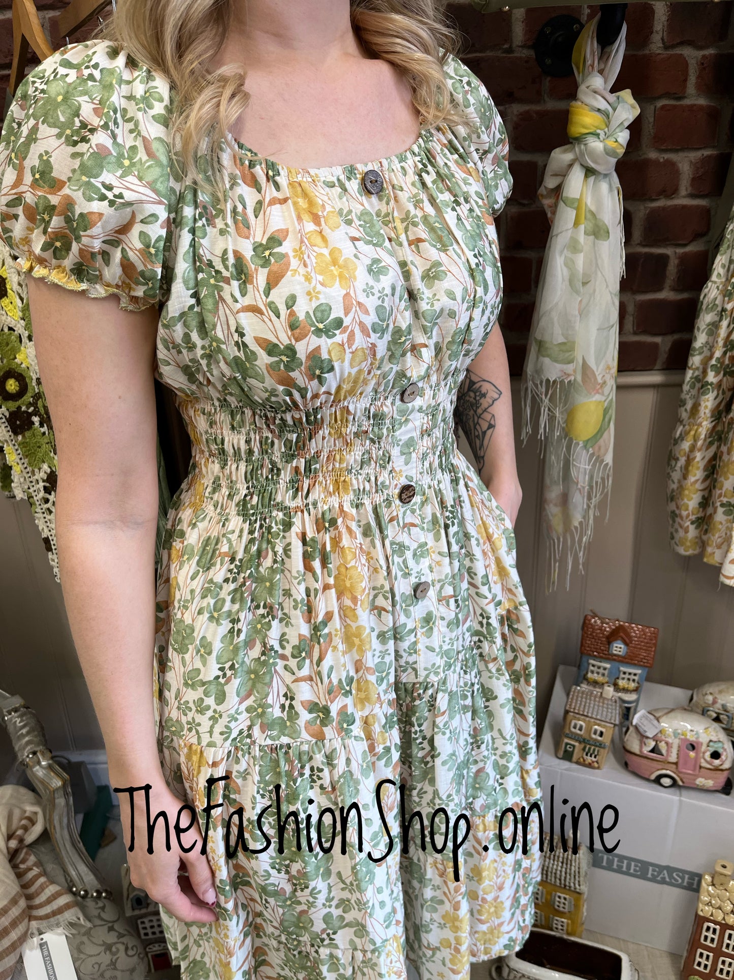 Avril yellow and green floral gypsy midi dress 8-16