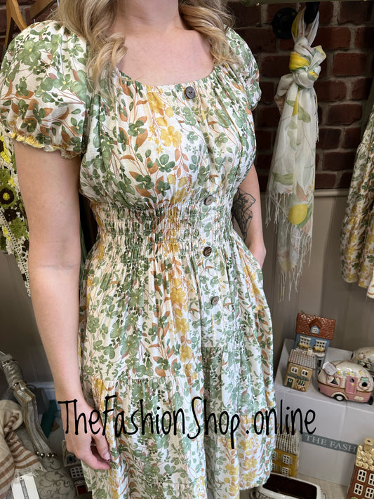 Avril yellow and green floral gypsy midi dress 8-16