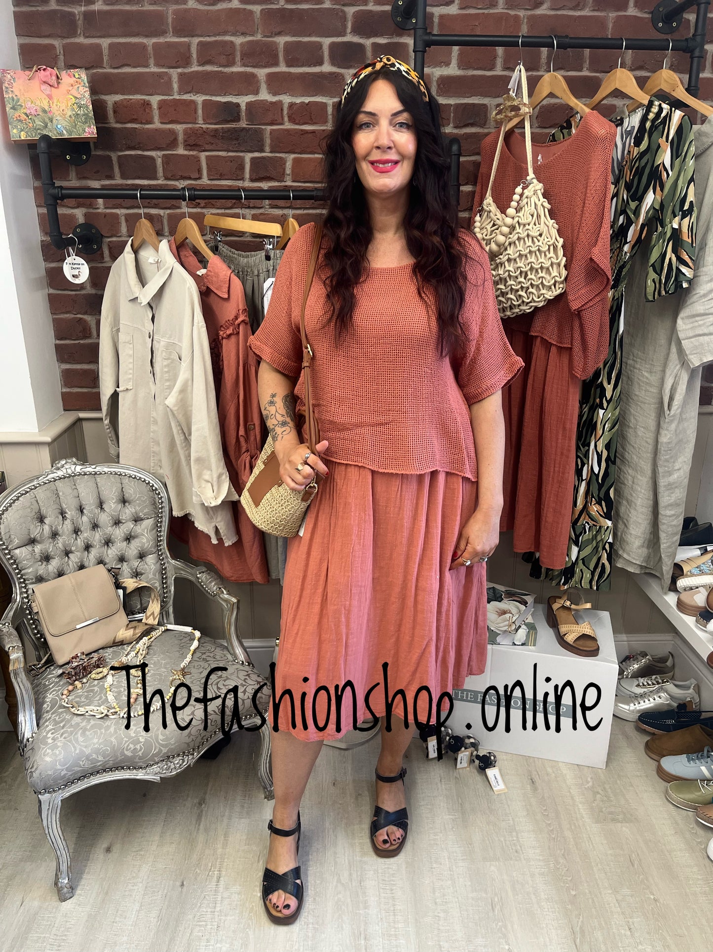Leah brick dress with mesh overlay 8-18