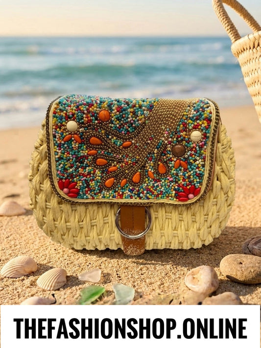 The Moroccan Beige Beaded Straw crossbody Bag