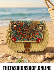 The Moroccan Beige Beaded Straw crossbody Bag