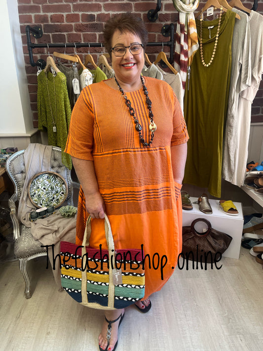 Orange Funky Striped Linen Dress 14-22