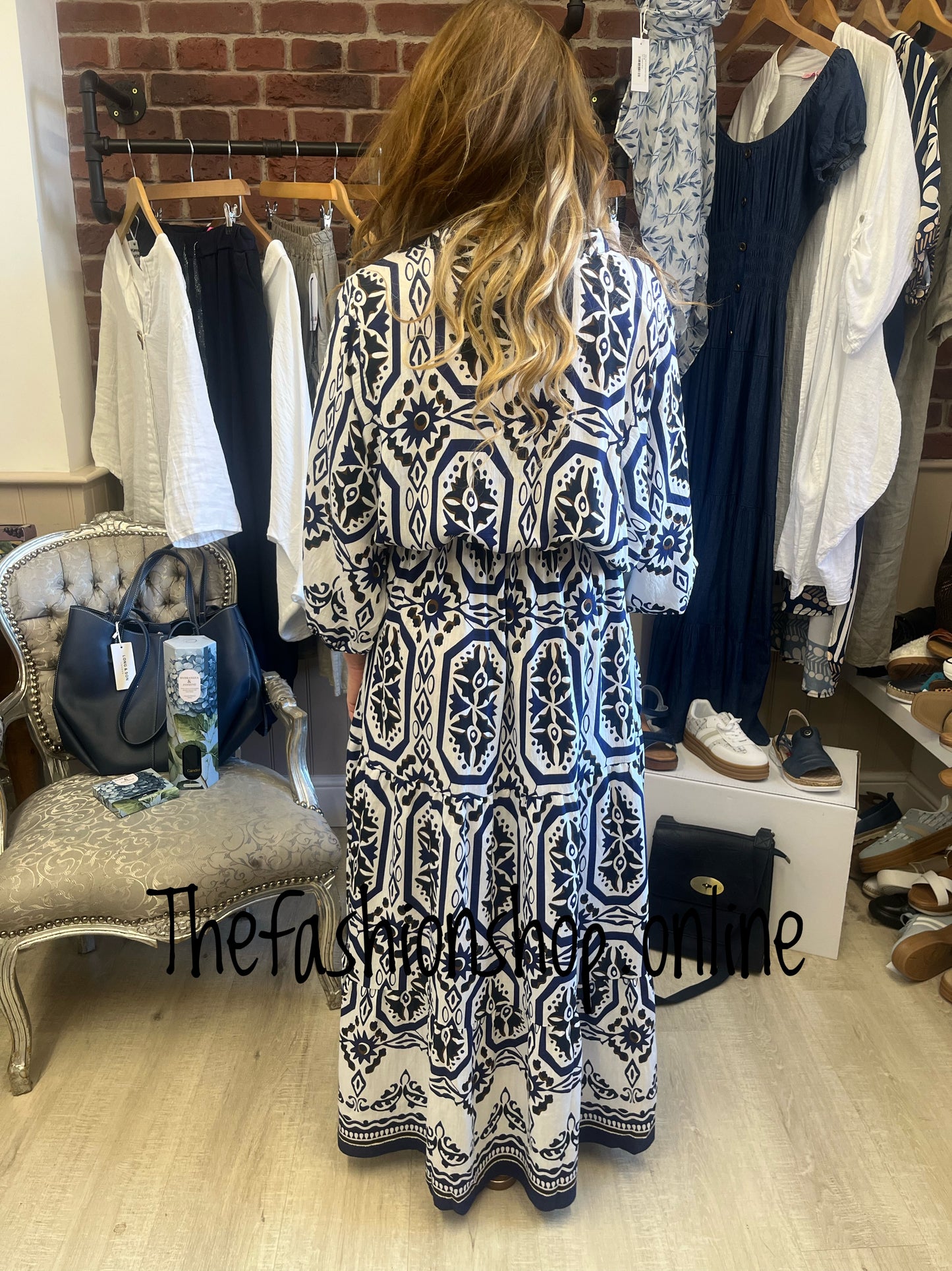 Wendy navy mosaic print smock maxi dress 8-14