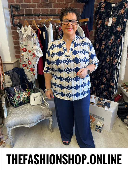 Jasmine navy and beige geometric print blouse 14-22