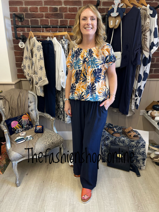 Sarah Tempest navy palm leaf top 10-16