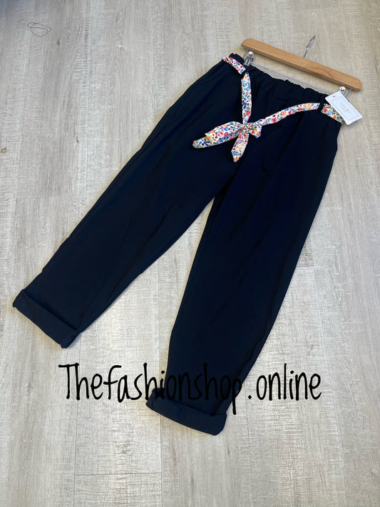Black classic magic trousers with floral belt 10-16 and 18-22